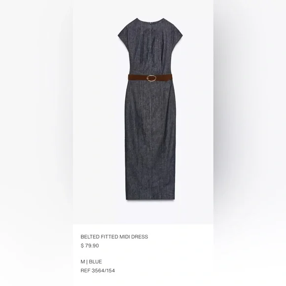 Zara Blue Belted Fitted Midi Dress